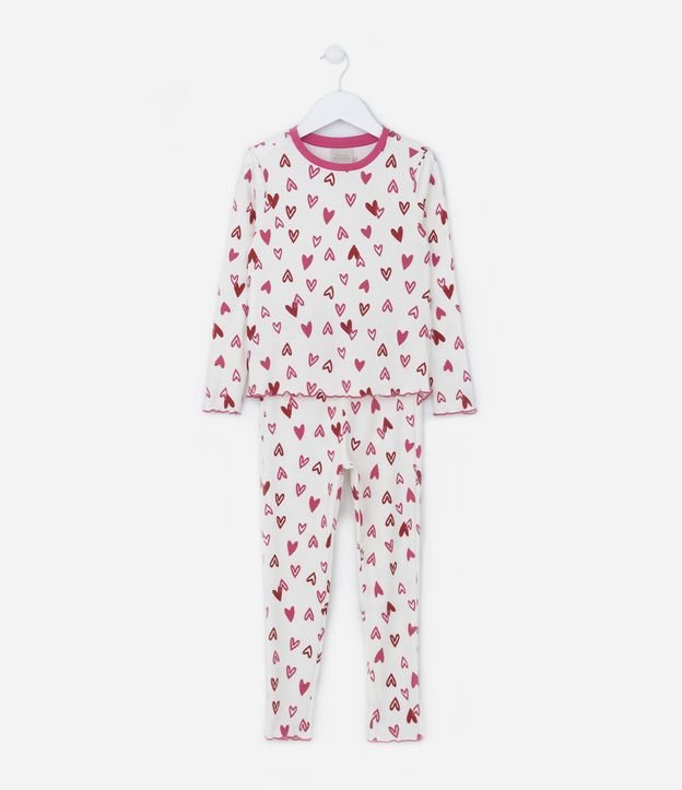 Pijama Longo Infantil em Ribana com Estampa Coraçõezinhos - Tam 2 a 14 Anos Branco 1