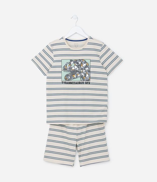 Pijama Curto Infantil Listrado com Estampa Dino - Tam 5 a 14 Anos