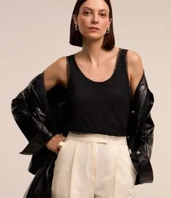 Blusa Regata em Tela com Alça Média e Transparência sem Forro