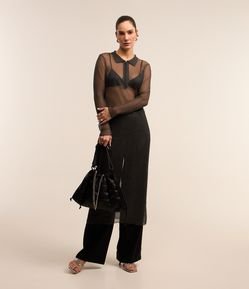 Vestido Longo em Tule Metalizado e Gola Polo