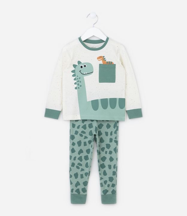Pijama Longo Infantil em Meia Malha com Estampa de Dino - Tam 2 a 4 anos