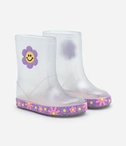 Bota Galocha Infantil com Glitter e Florzinha - Tam 21 ao 28