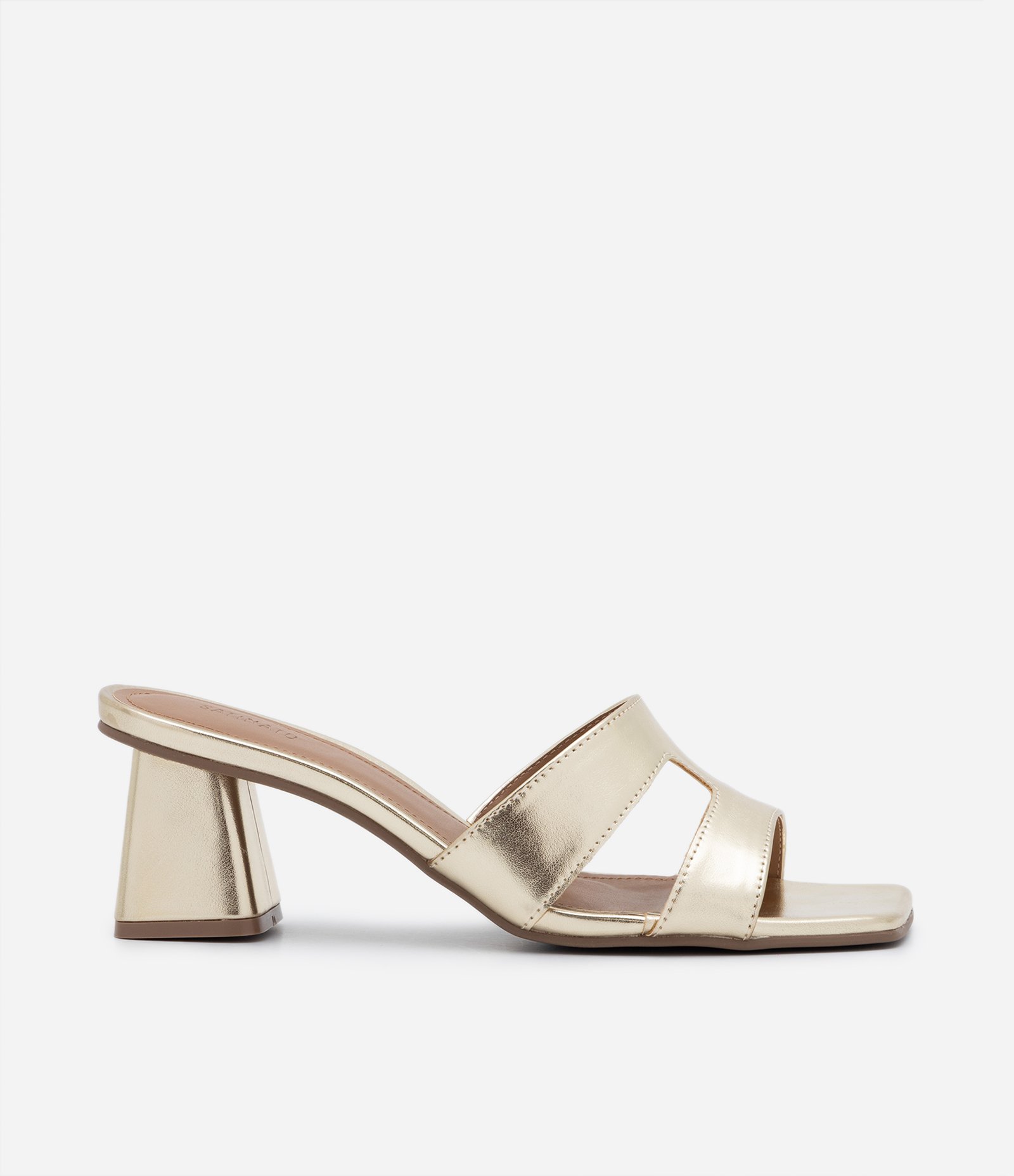 Sandália Mule com Tiras H e Salto Grosso Dourado 1