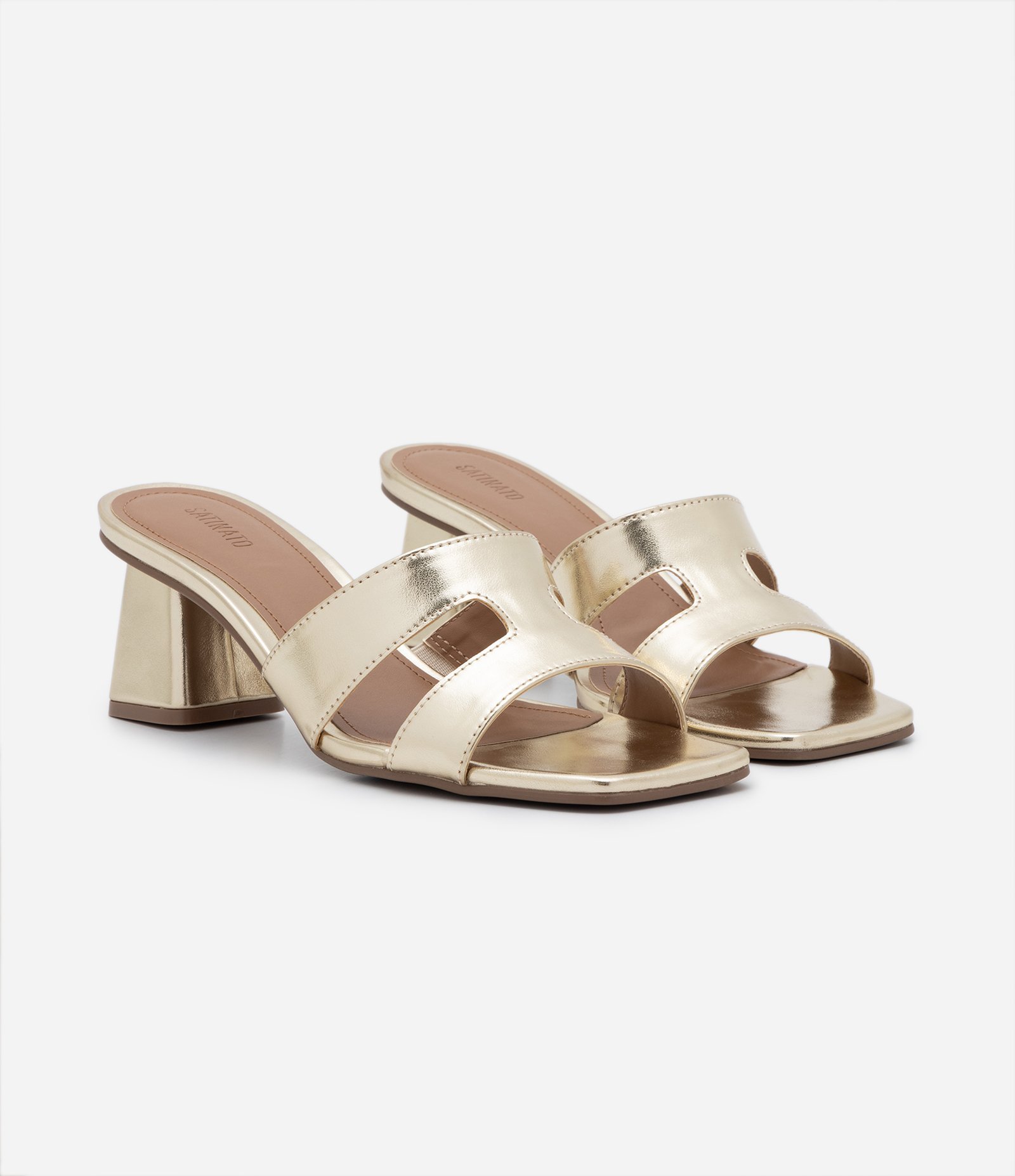 Sandália Mule com Tiras H e Salto Grosso Dourado 5