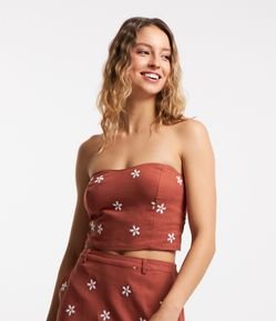 Blusa Cropped em Viscose e Linho com Bordado Margaridas