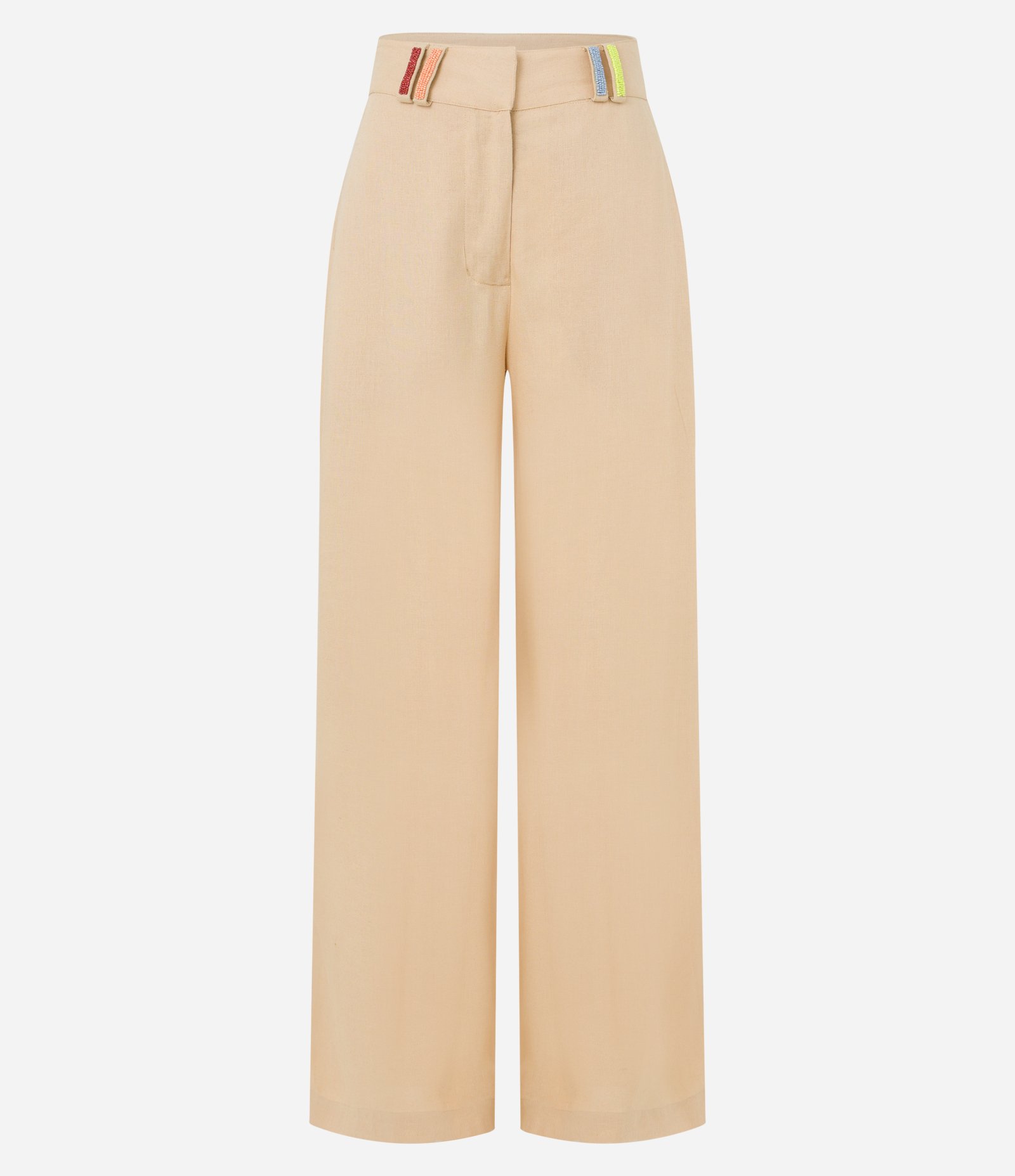 Calça Pantalona em Viscose e Linho e Miçangas nos Passantes Bege 5