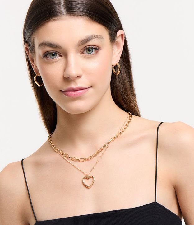 Conjunto 02 Colares Corrente e 01 Par de Brinco Coração