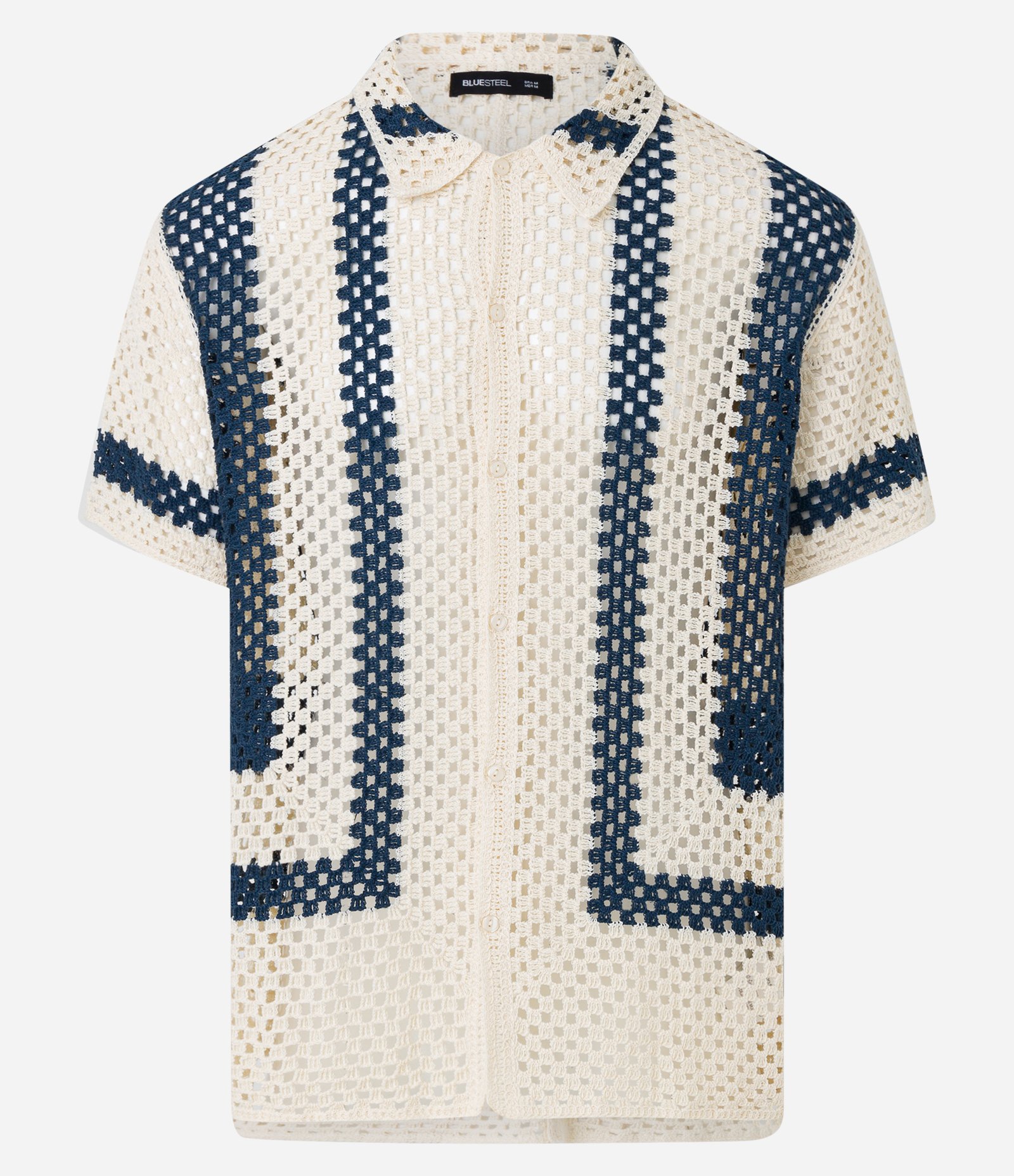 Camisa em Tricô Leve com Abotoamento Frontal Off White/ Azul 7