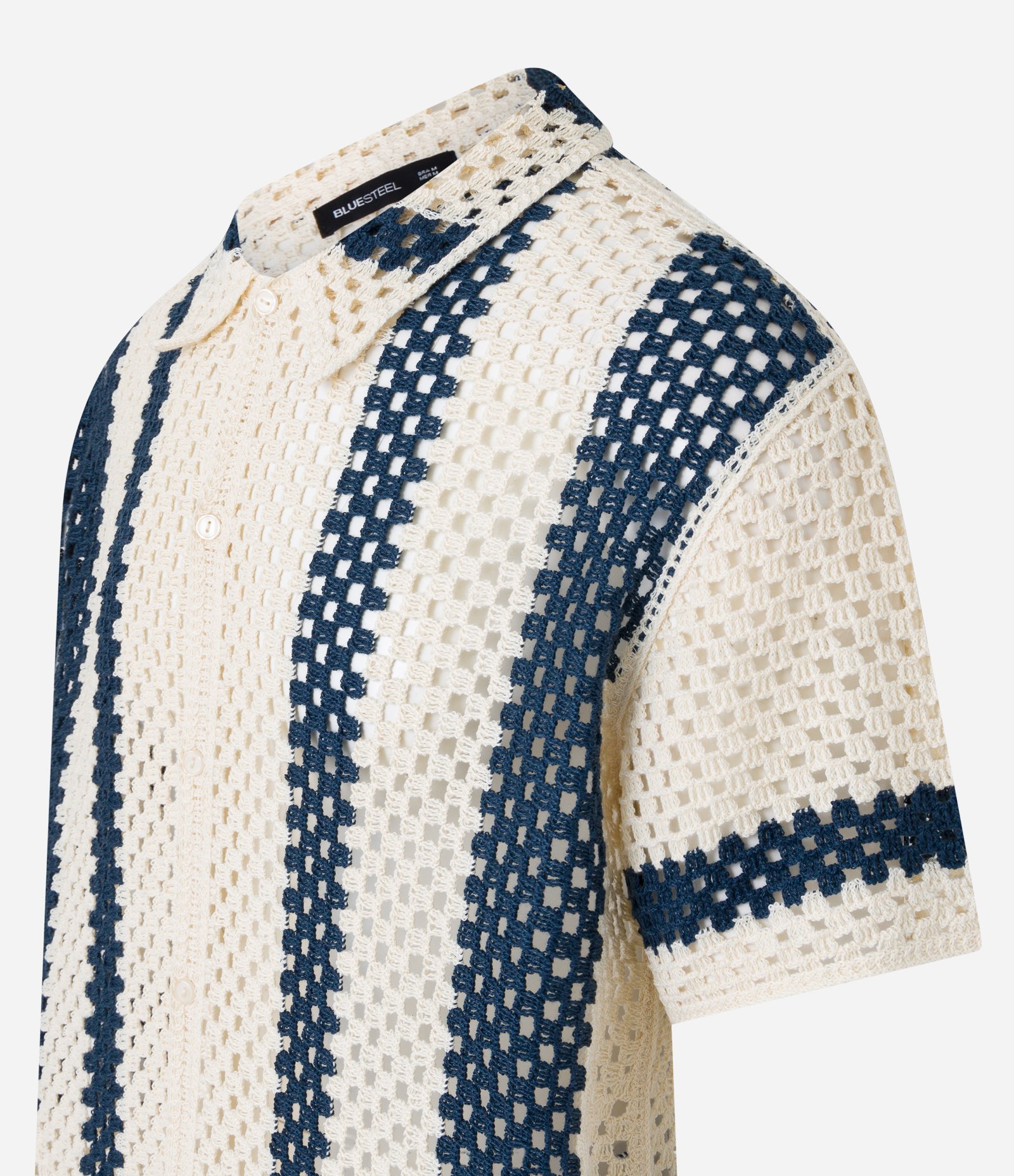 Camisa em Tricô Leve com Abotoamento Frontal Off White/ Azul 8