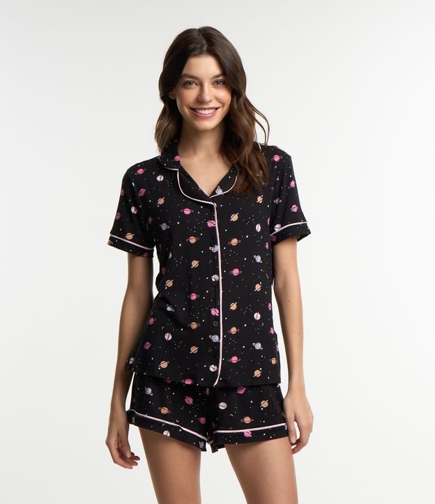 Pijama Americano Curto em Viscolycra com Estampa de Planetinhas