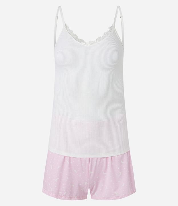 Pijama Short Doll em Ribana com Detalhe em Renda Branco/Rosa 5