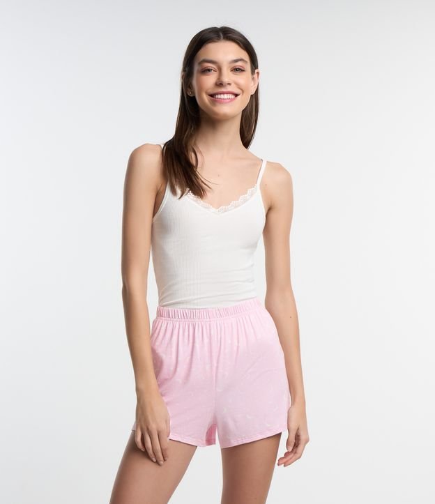 Pijama Short Doll em Ribana com Detalhe em Renda Branco/Rosa 1