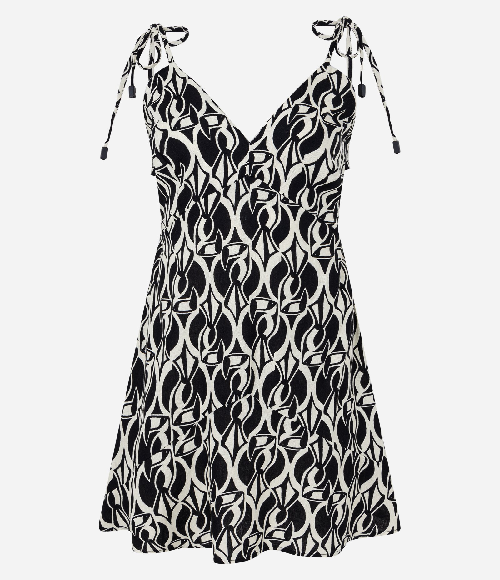 Vestido Curto em Viscose e Linho com Estampa com Amarração na Alça Preto 4