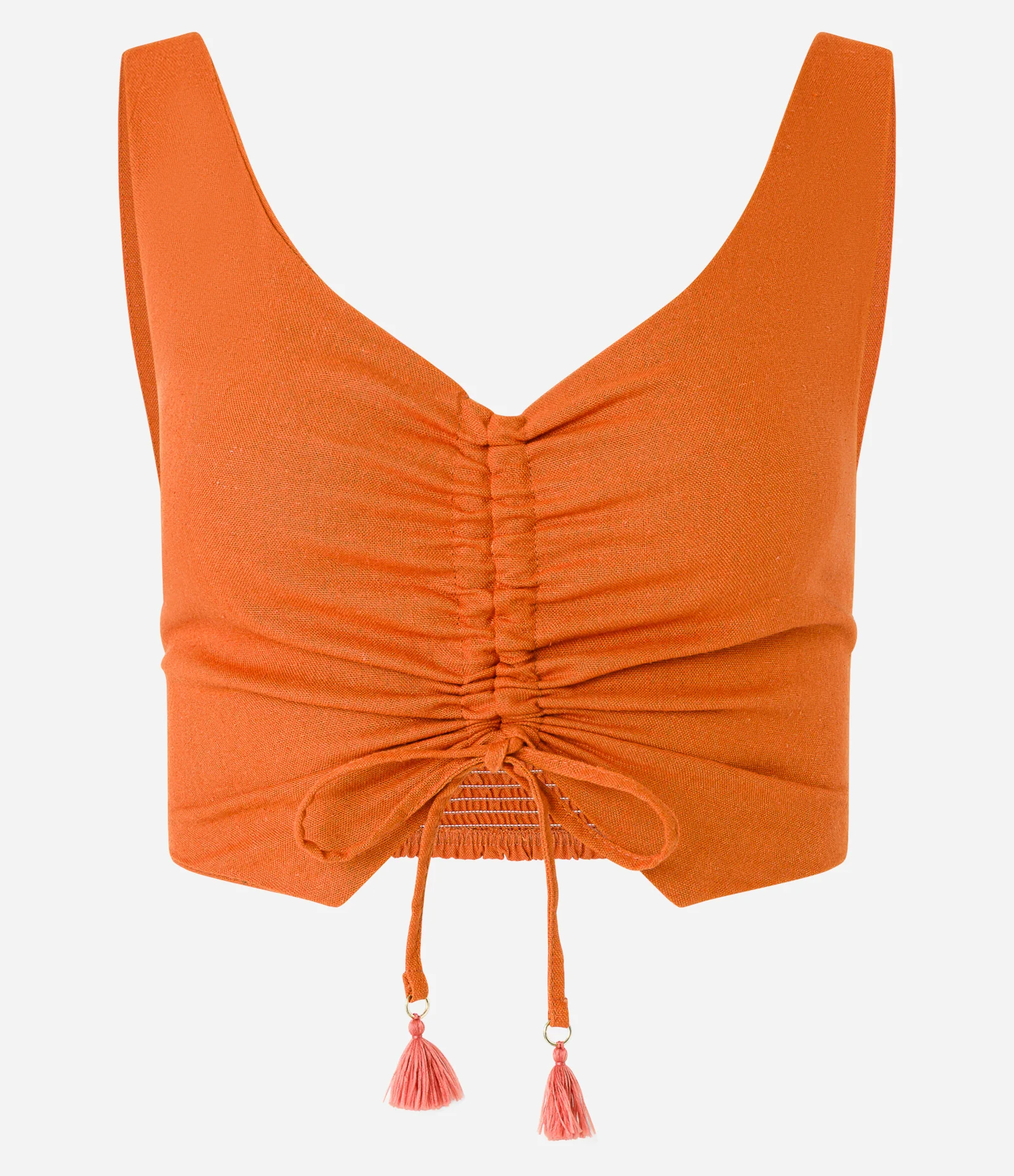 Blusa de Alça Cropped em Viscose e Linho com Puxadinho na Frente Laranja 1