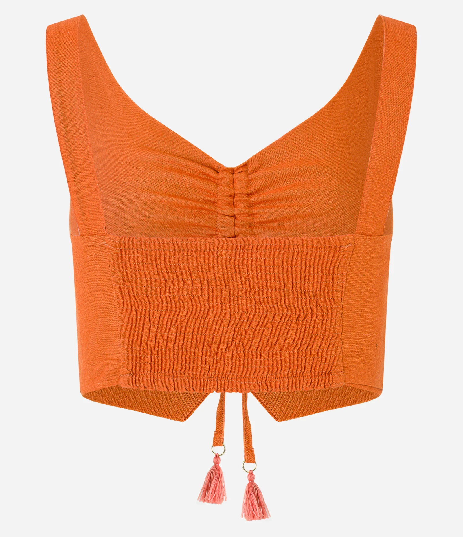Blusa de Alça Cropped em Viscose e Linho com Puxadinho na Frente Laranja 2