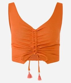 Blusa de Alça Cropped em Viscose e Linho com Puxadinho na Frente