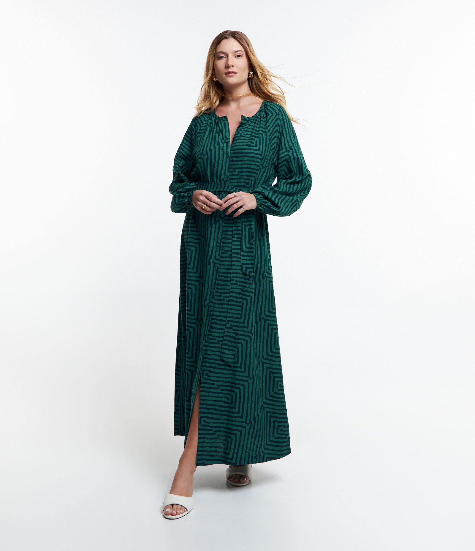 Vestido Chemise Midi em Viscolinho com Amarração na Cintura Verde/ Azul 1