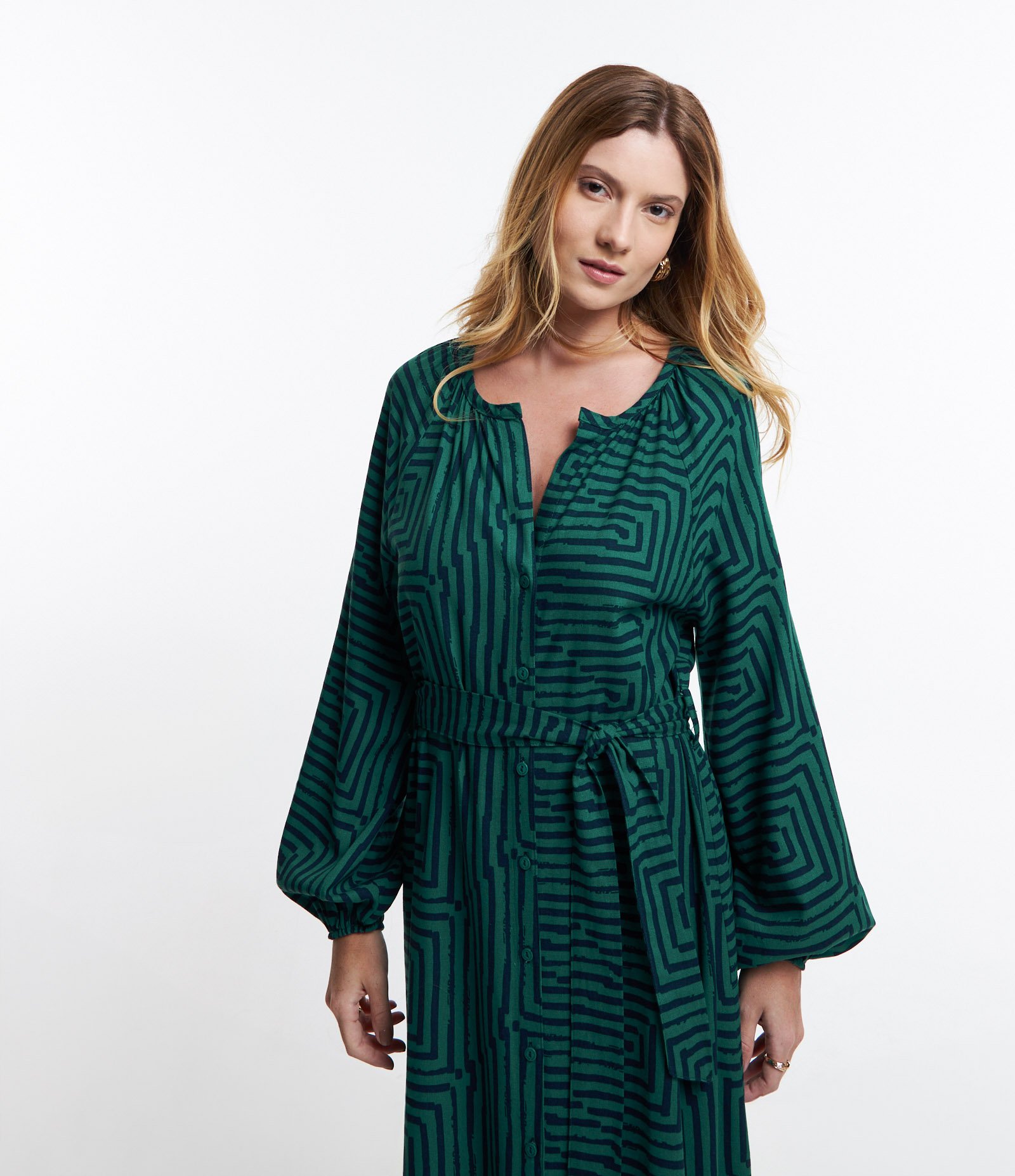 Vestido Chemise Midi em Viscolinho com Amarração na Cintura Verde/ Azul 2