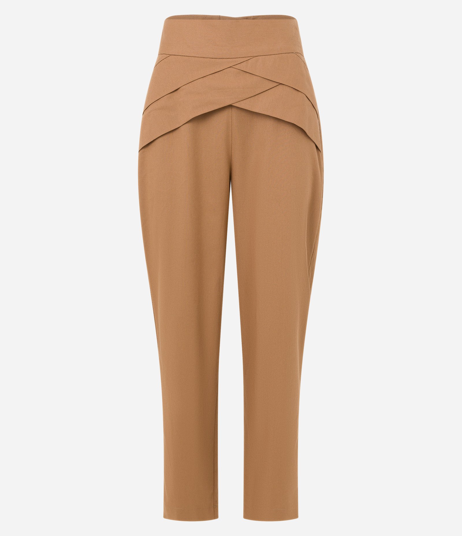 Calça Cenoura em Tricoline com Detalhe Sobreposto no Cós Marrom Claro 4