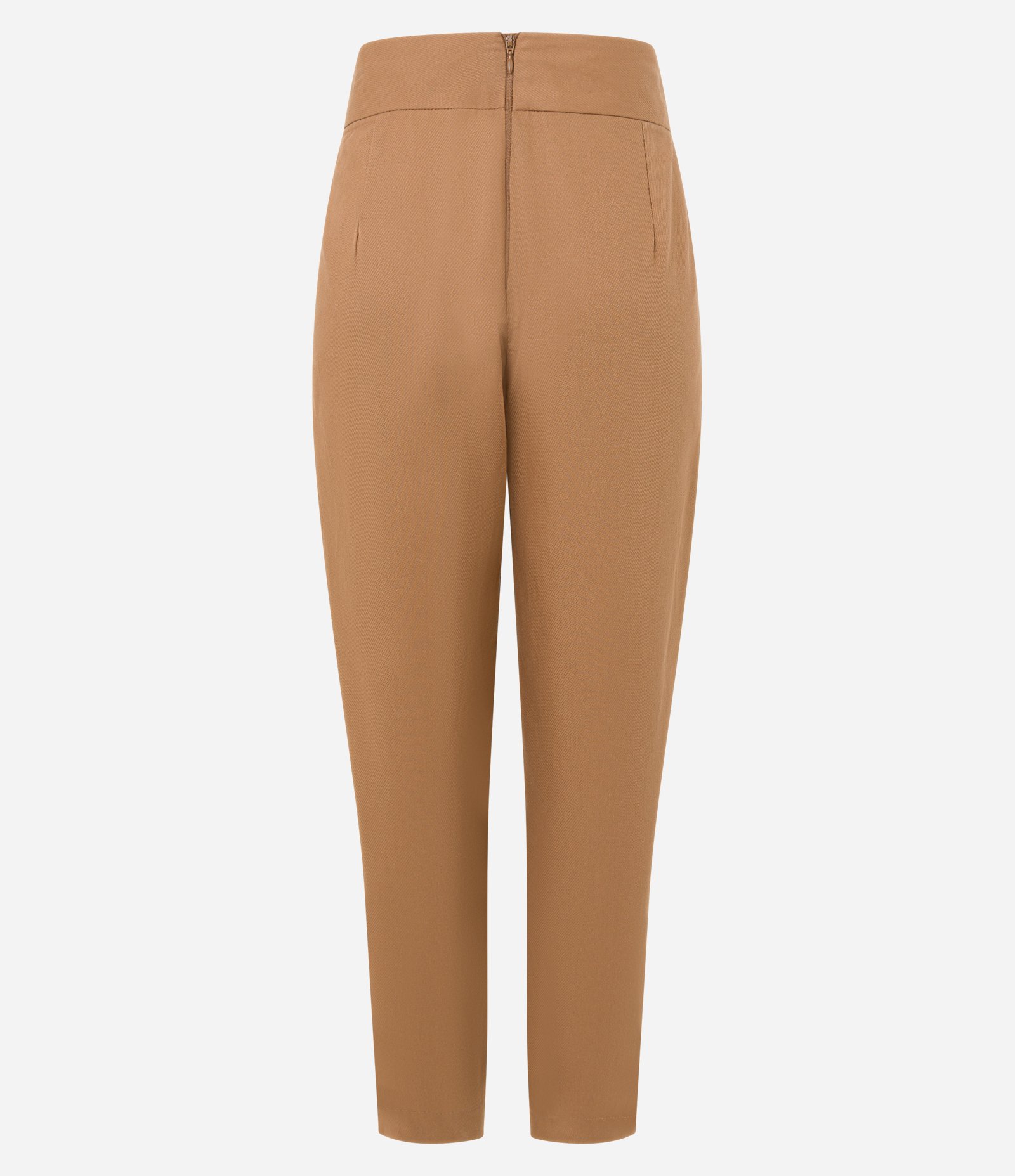 Calça Cenoura em Tricoline com Detalhe Sobreposto no Cós Marrom Claro 5