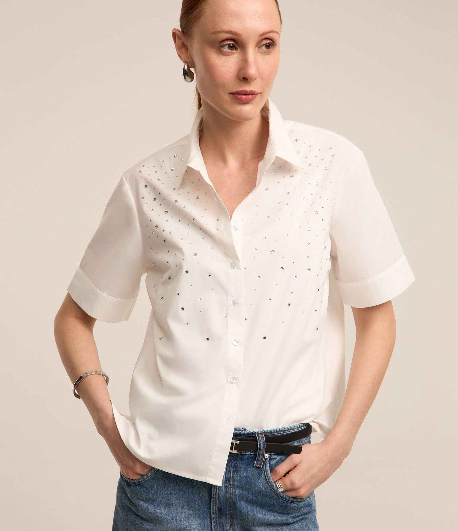 Camisa em Tricoline com Aplicação de Strass Branco Neve 2