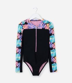 Maiô Infantil com Proteção UV e Estampa Folhas - Tam 5 a 14 Anos