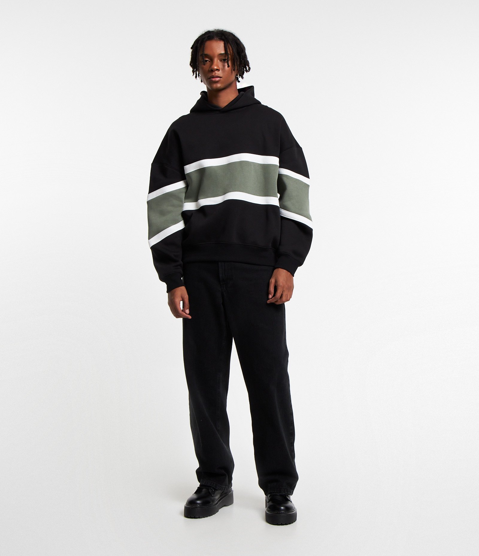 Blusão Ballom em Moletom com Listras e Bloco de Cores Preto/Branco/Verde 2