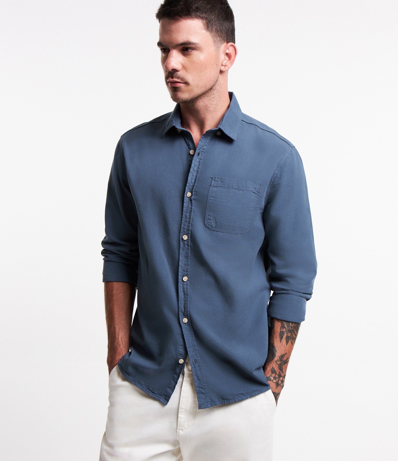 Camisa Regular em Oxford com Bolso Frontal Azul 1