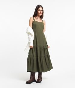 Vestido New Midi em Viscose com Decote Coração e Lastex nas Costas