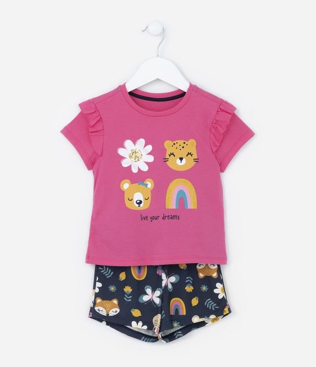 Pijama Curto Infantil com Estampa de Flores e Bichinhos - Tam 2 a 4 anos