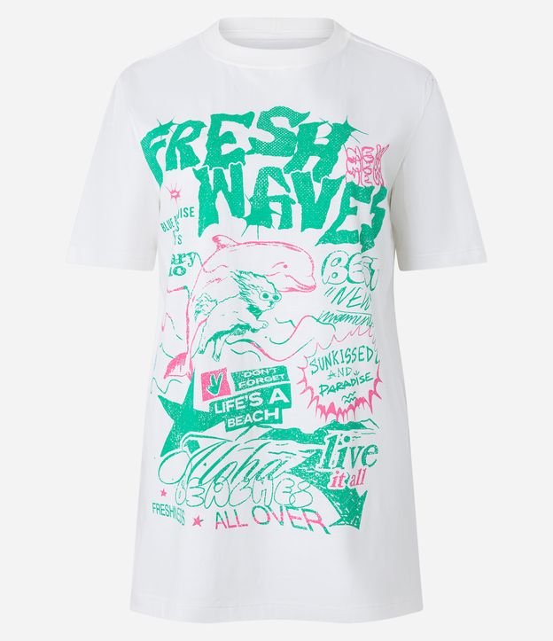 Camiseta Alongada em Meia Malha com Estampa Fresh Waves Branco 5