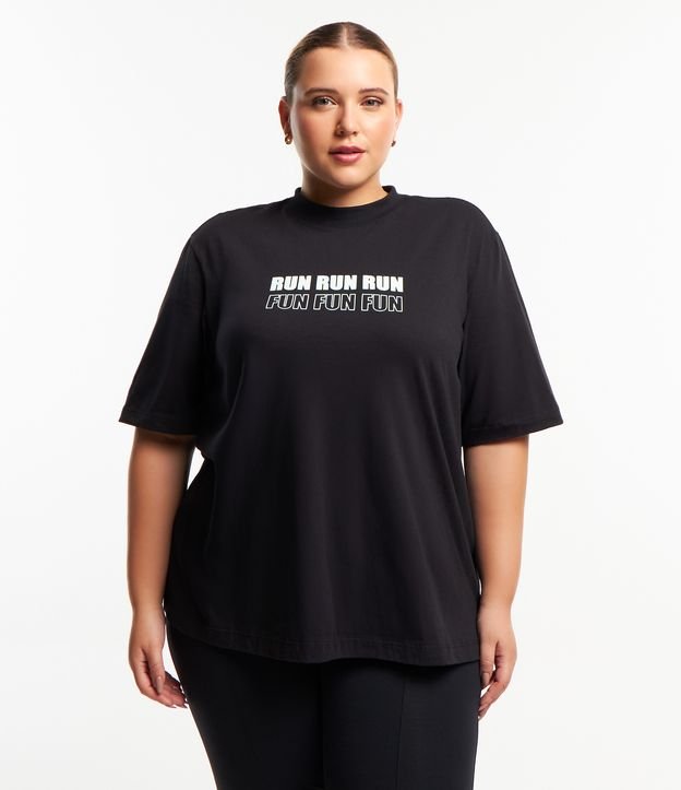 Camiseta Esportiva em Meia Malha com Estampa Run Fun Curve & Plus Size Preto 1