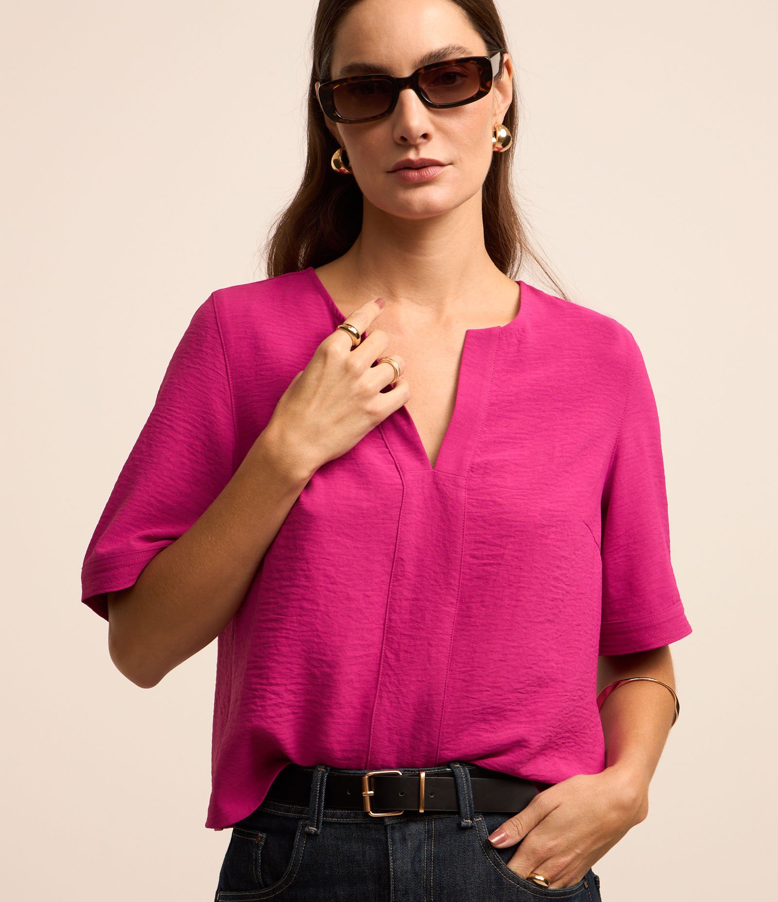 Blusa com Efeito Airflow com Decote em V Pespontado Rosa 2