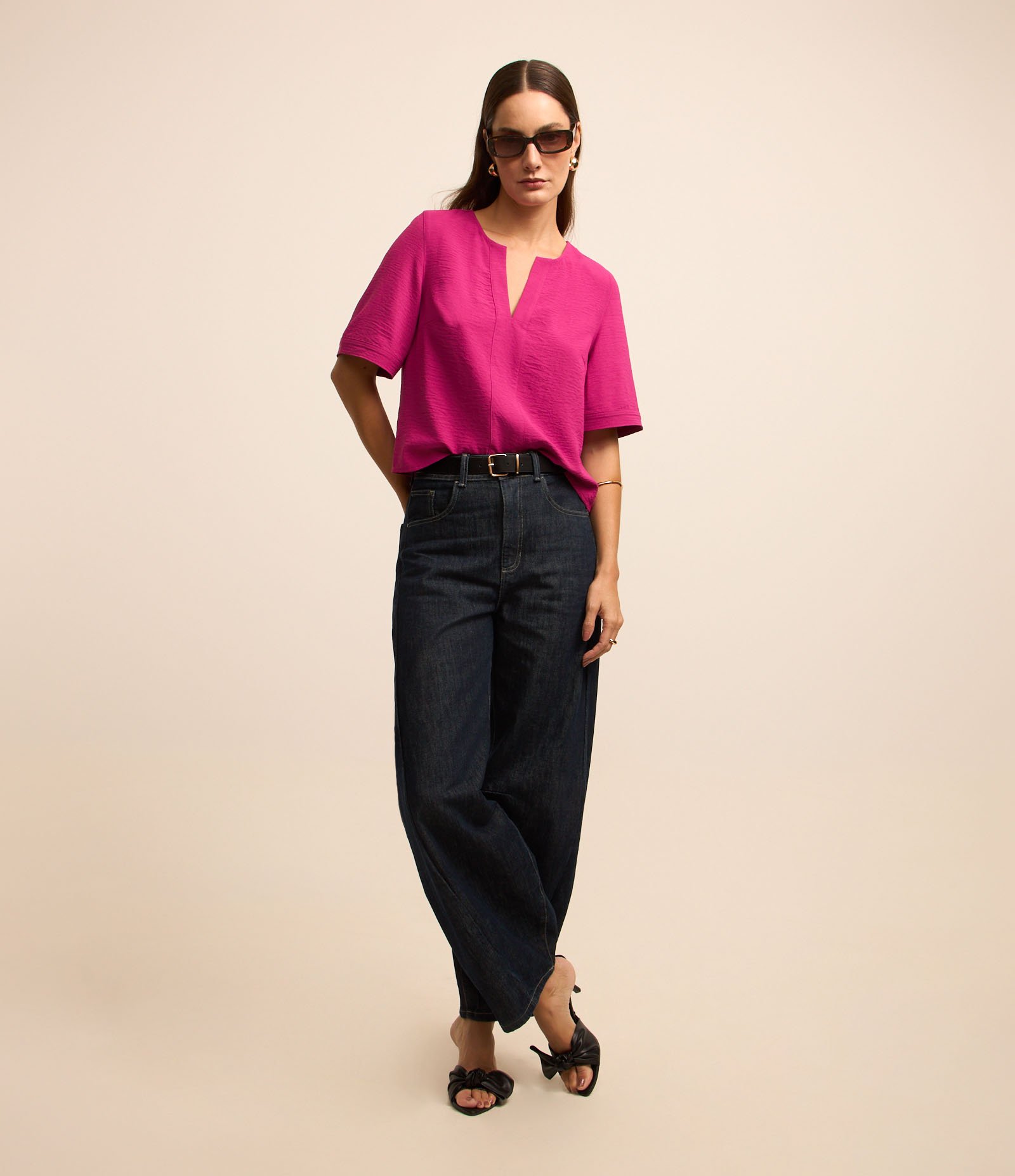 Blusa com Efeito Airflow com Decote em V Pespontado Rosa 3