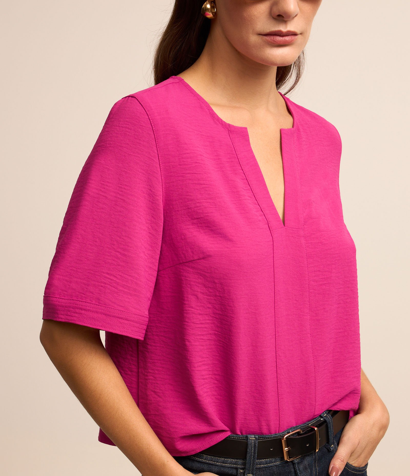 Blusa com Efeito Airflow com Decote em V Pespontado Rosa 4