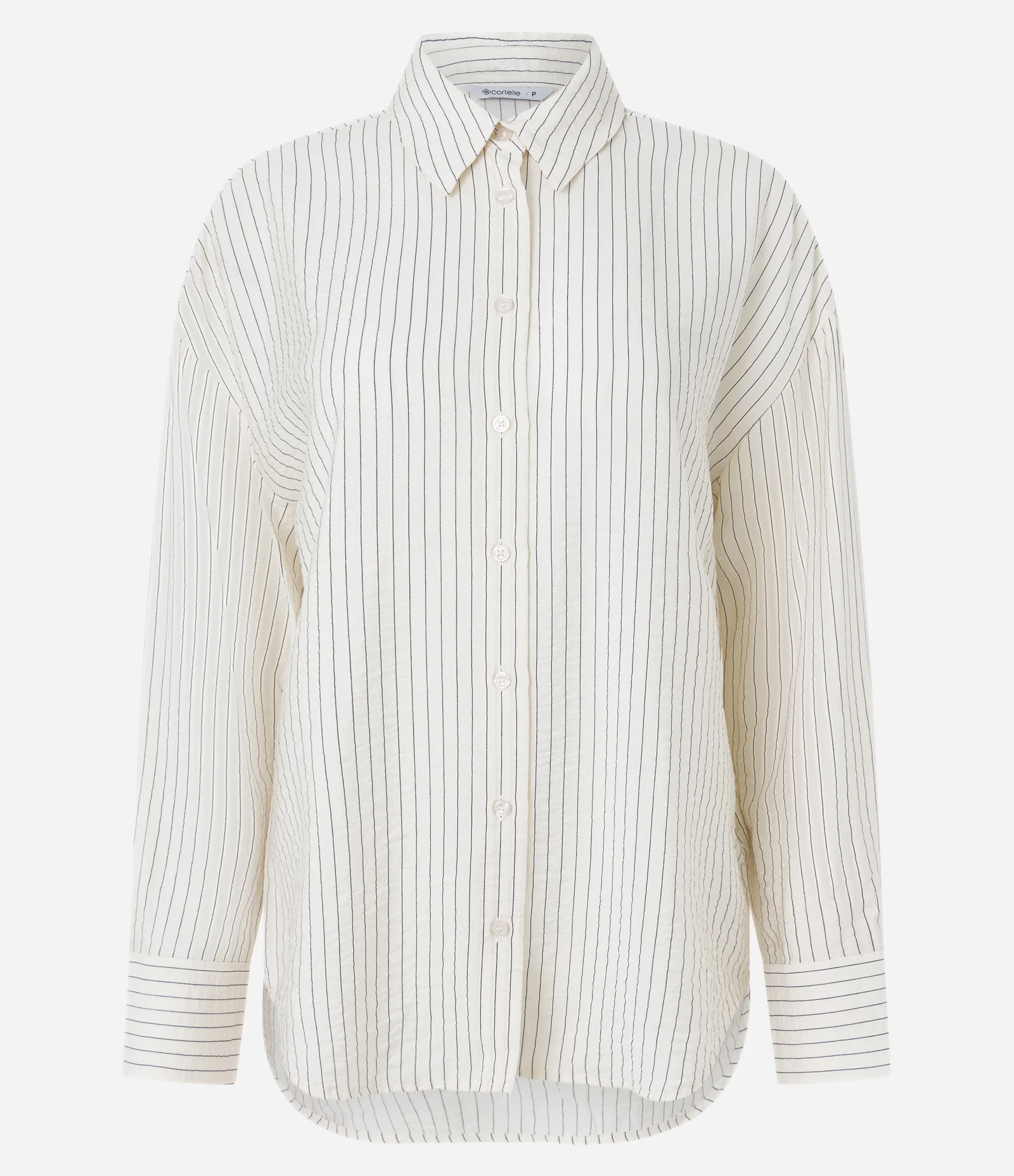 Camisa Oversized Acetinada com Estampa Risca de Giz 1