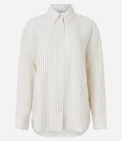 Camisa Oversized Acetinada com Estampa Risca de Giz