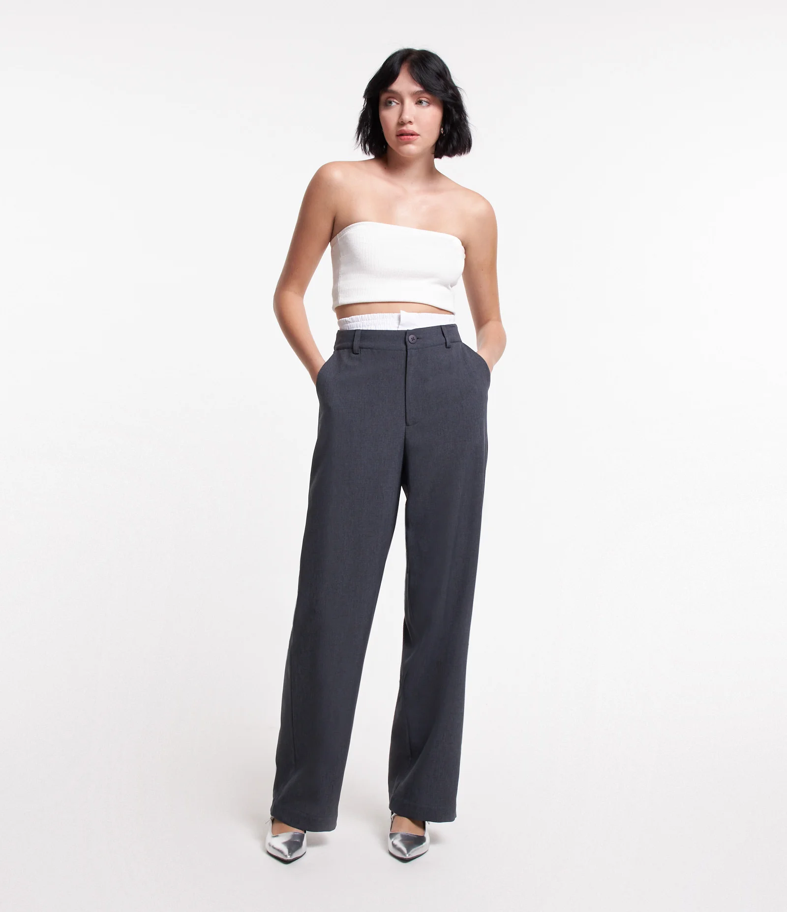 Calça Reta em Alfaiataria com Pregas e Cós Cueca Cinza 1