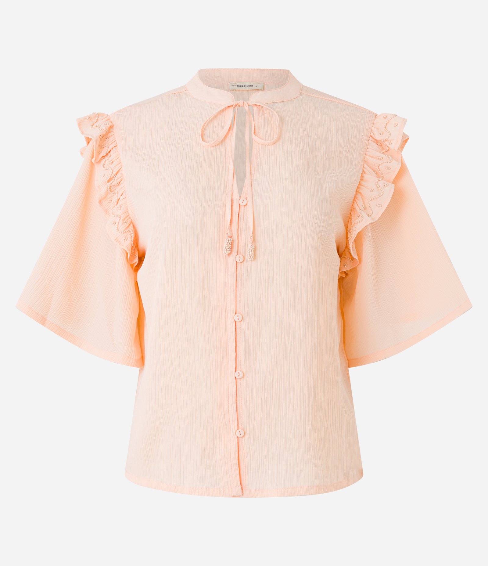 Blusa em Chiffon com Amarração na Gola e Babados no Ombro Laranja Pessêgo 7