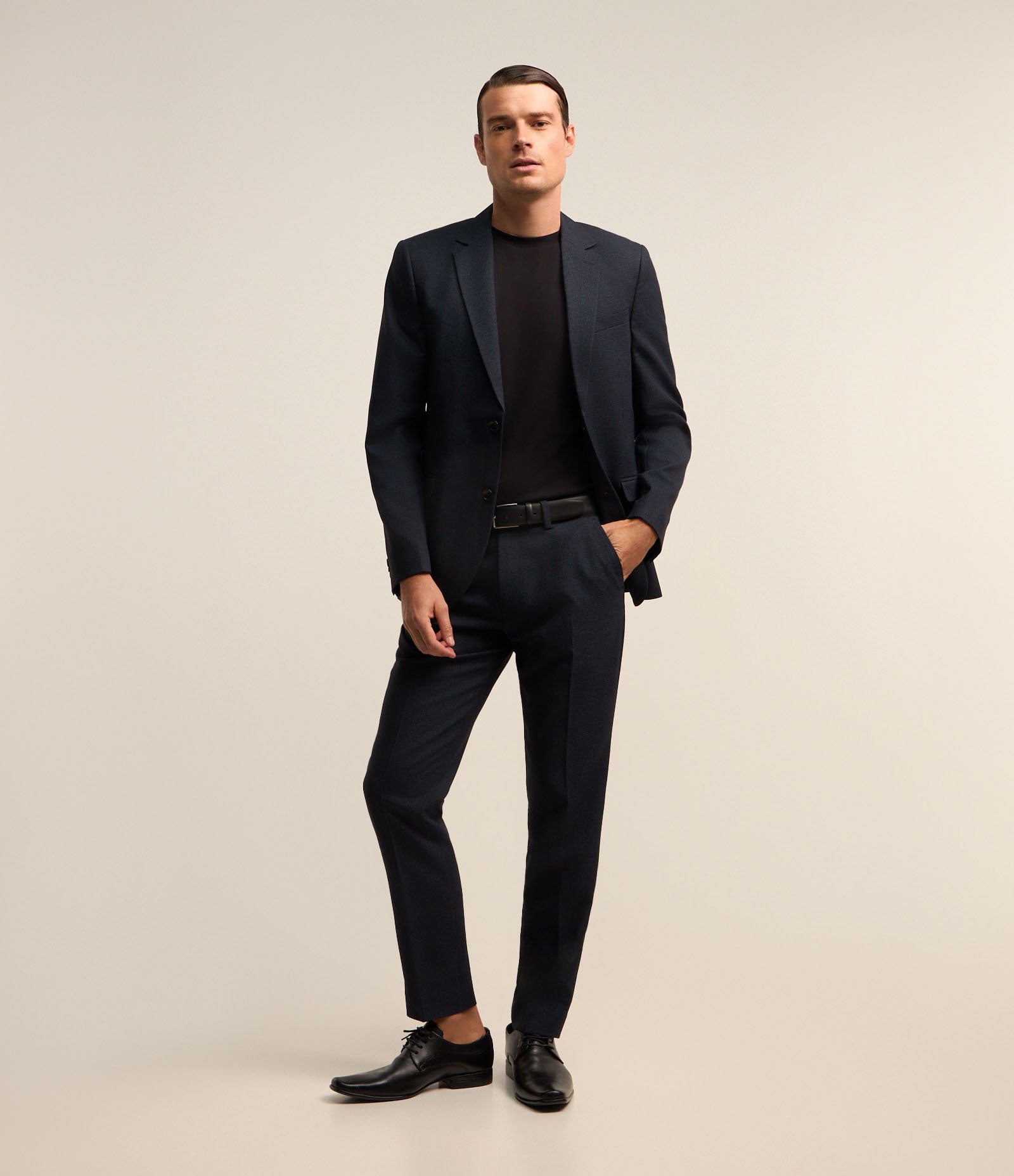 Calça Social Slim em Tricoline com Textura Pied de Poule Azul Marinho 1