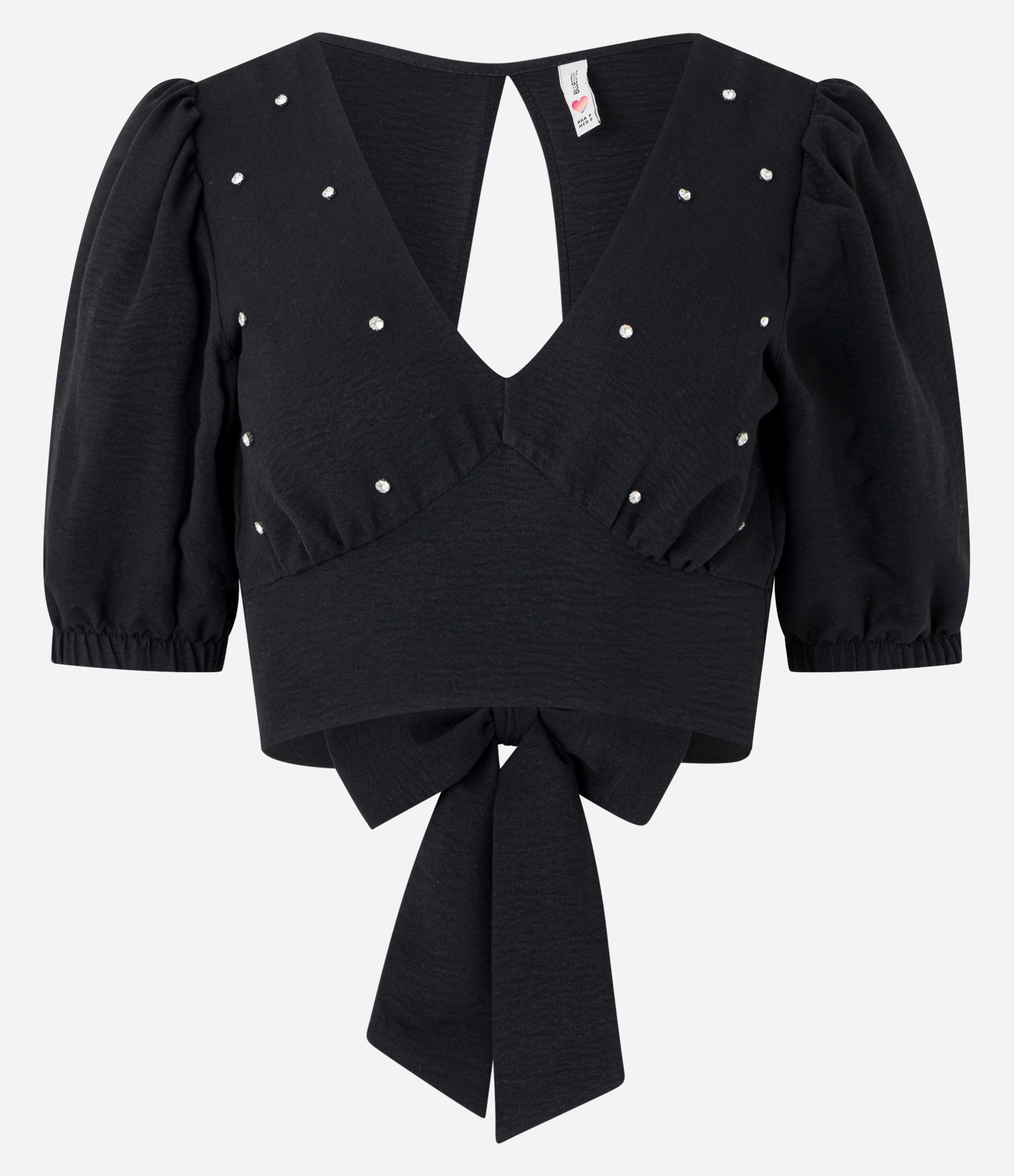 Blusa Cropped em Crepe com Manga Bufante e Brilhos Aplicados Preto 5