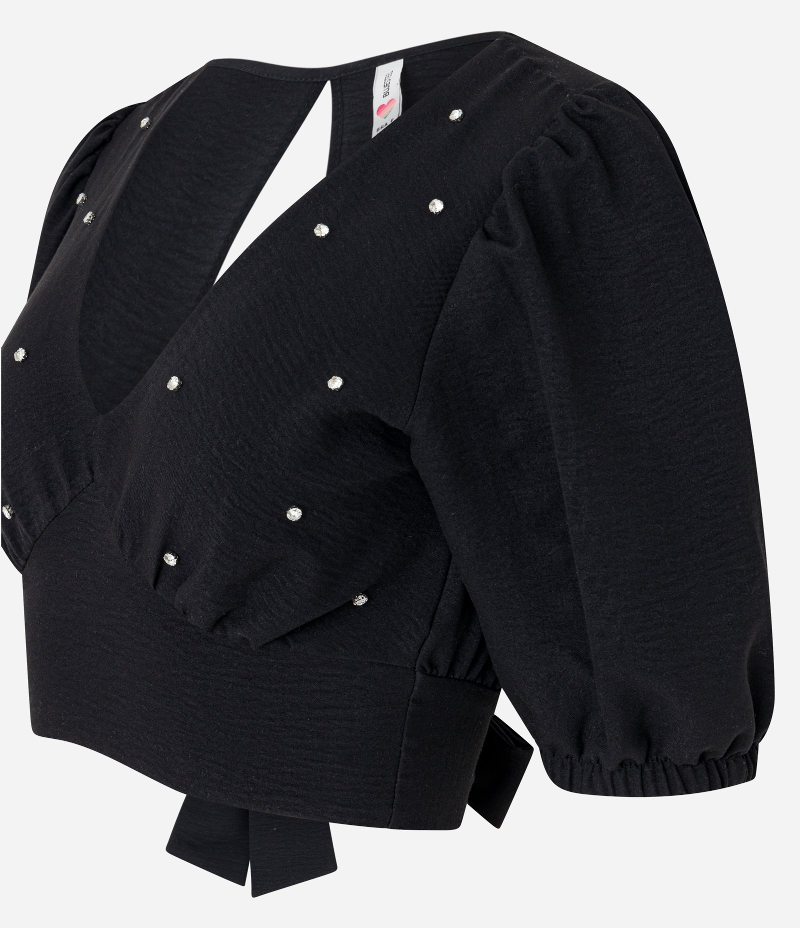 Blusa Cropped em Crepe com Manga Bufante e Brilhos Aplicados Preto 6