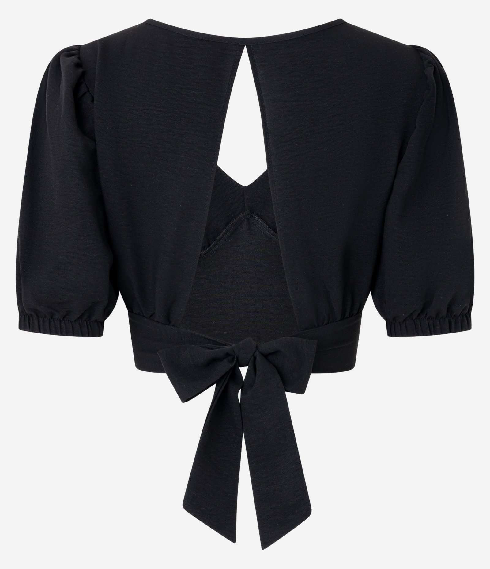 Blusa Cropped em Crepe com Manga Bufante e Brilhos Aplicados Preto 7