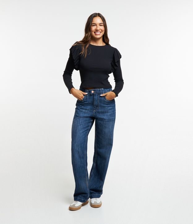 Calça Reta Jeans com Detalhe no Bolso e Cós Transpassado Azul 1