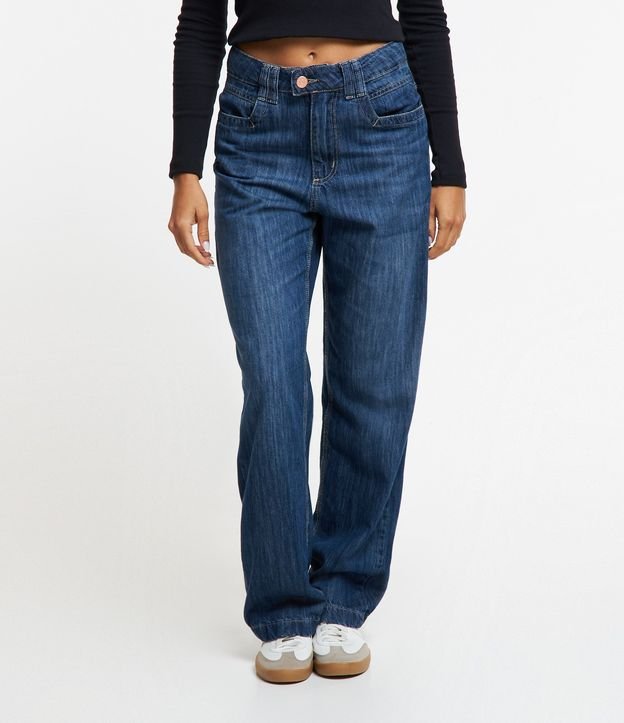 Calça Reta Jeans com Detalhe no Bolso e Cós Transpassado Azul 2