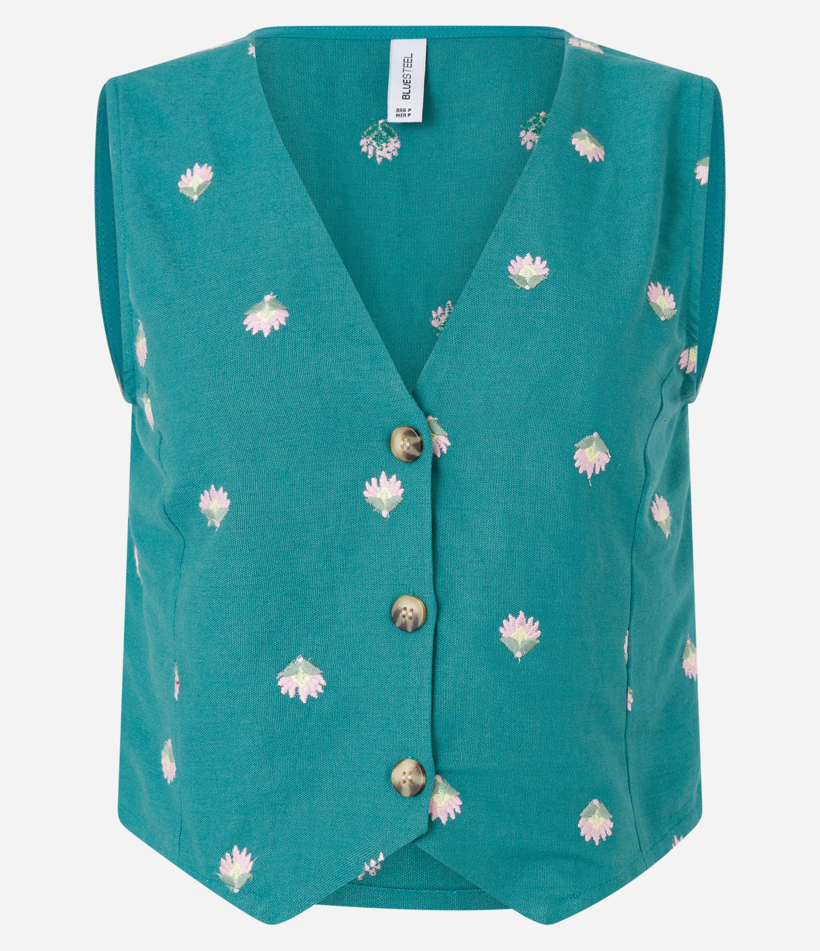 Colete Curto em Viscose com Linho e Bordado de Florzinhas Verde 5