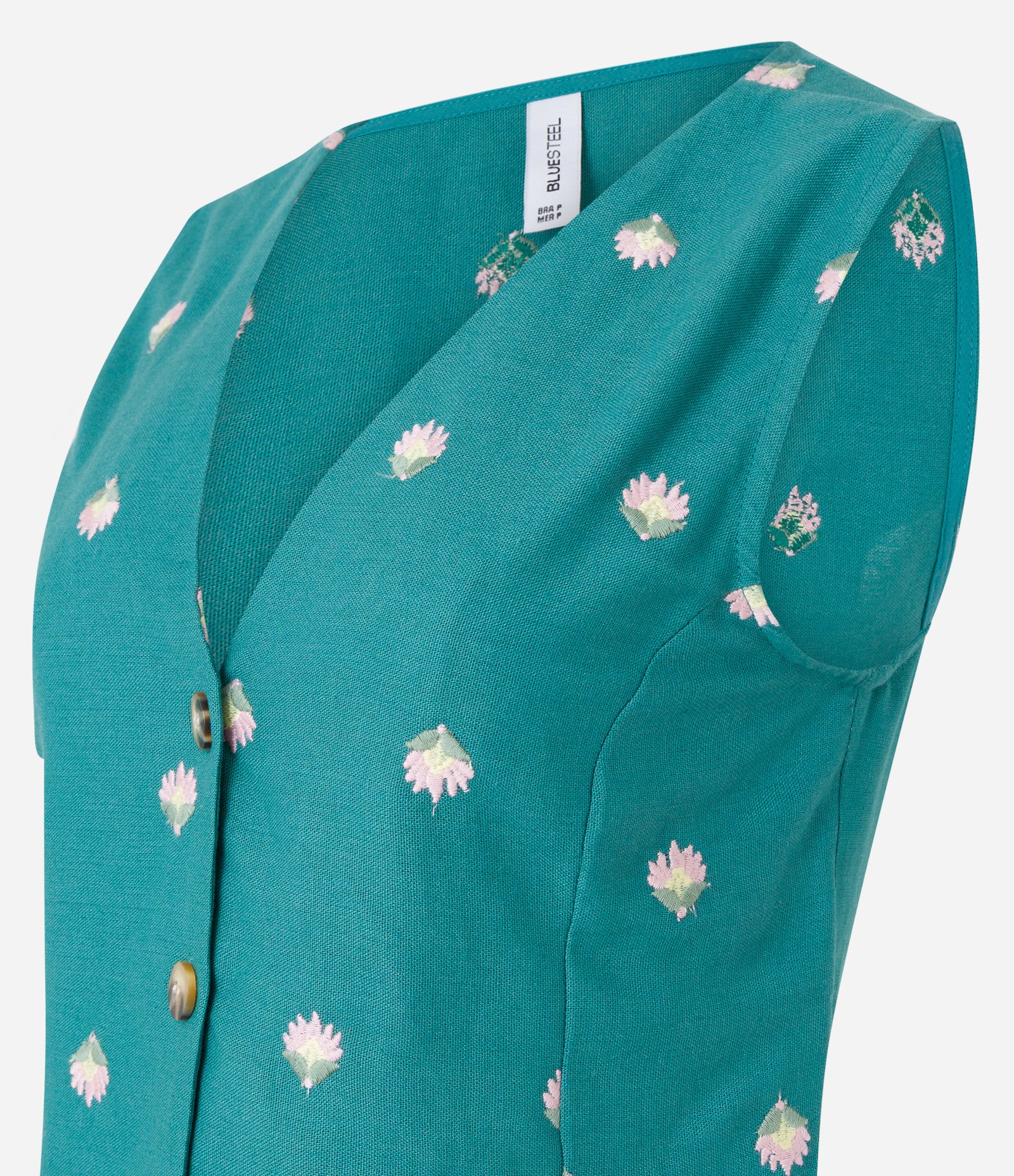 Colete Curto em Viscose com Linho e Bordado de Florzinhas Verde 6