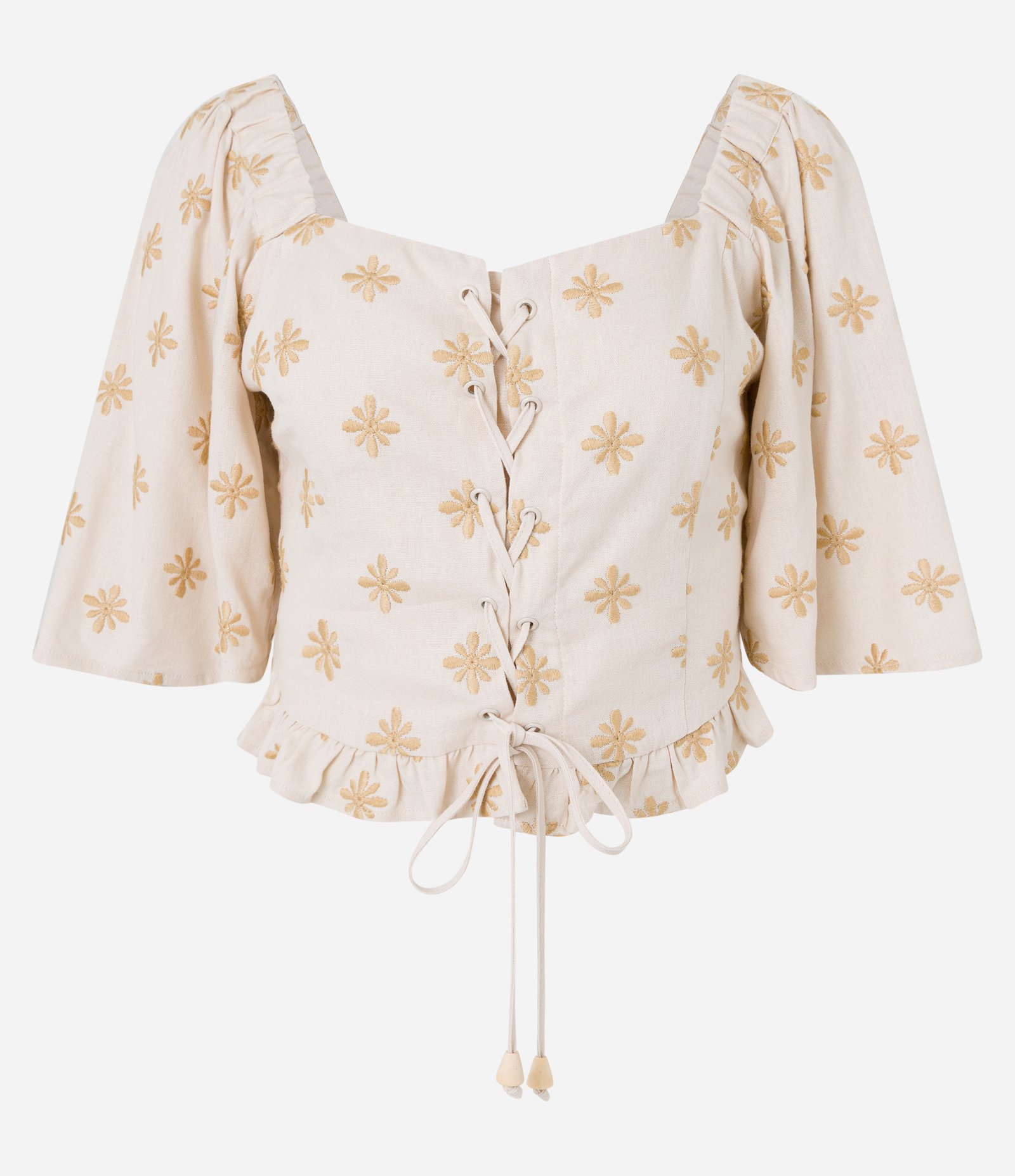 Blusa em Viscose com Linho Amarração com Ilhoses e Bordado de Florzinhas Bege 5