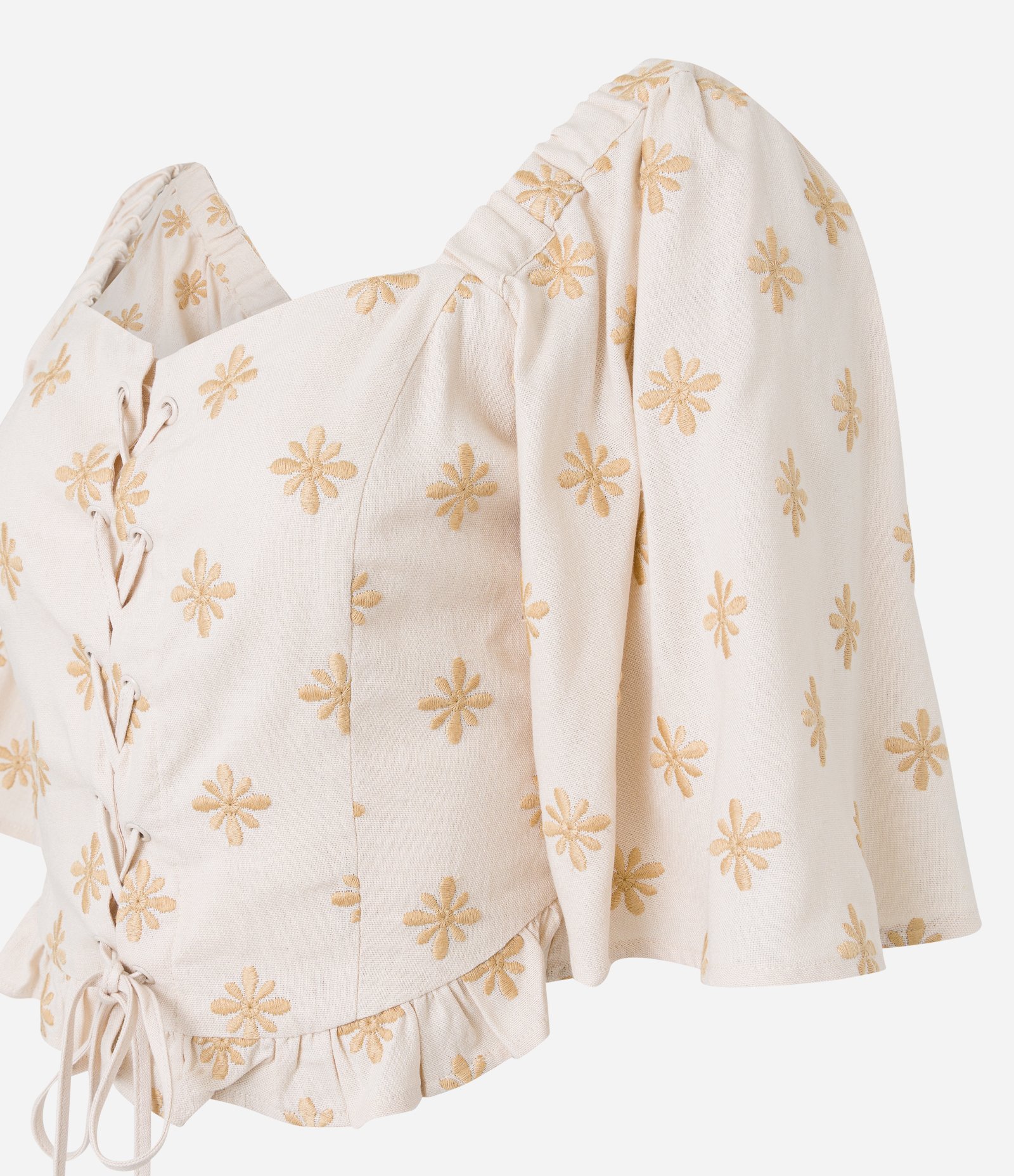 Blusa em Viscose com Linho Amarração com Ilhoses e Bordado de Florzinhas Bege 6
