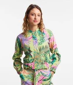 Jaqueta Bomber em Viscose com Linho com Estampa de Folhagem